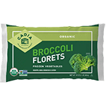 package labeled Broccoli Florets, certifications Non-GMO Project Verified and USDA Organic